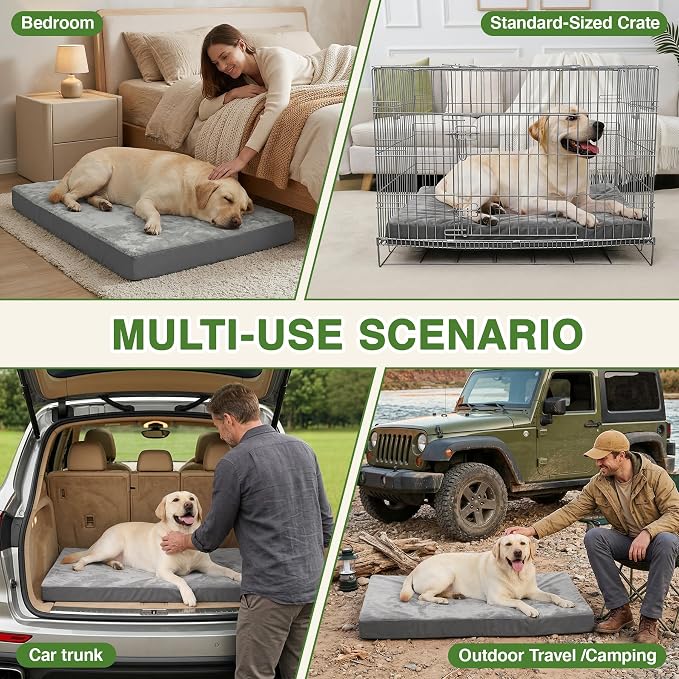 Waterproof XXL Dog Bed, Outdoor Washable Large Foam Crate Pad 48" Anti-Slip | Jumbo Pet Bed, Reversible Faux Leather & Flannel, Durable Removable Cover, Kennel Pad 47"x29" Gray