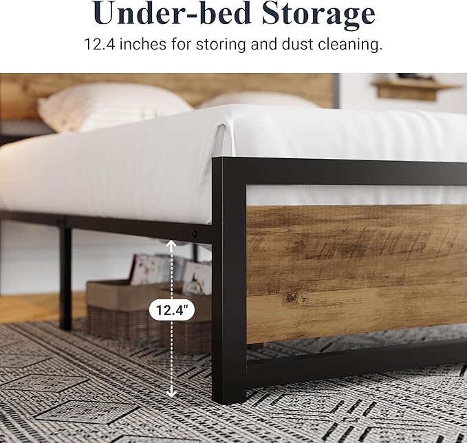 Allewie Queen Bed Frame with Headboard, Heavy Duty Metal Platform Base with Strong Support, Underneath Storage Space, Stable Mattress Foundation, No Box Spring Needed, Brown