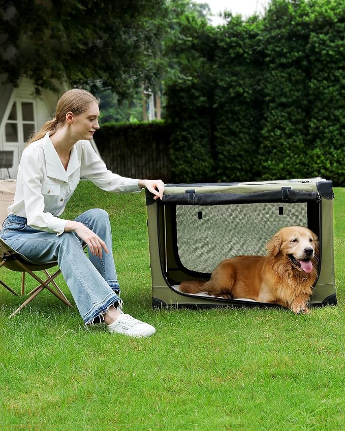 Veraste 42" Soft Collapsible Travel Dog Crate for Large Dogs,Green | 4-Door Foldable Travel Crate,breathable mesh, foldable with storage bag