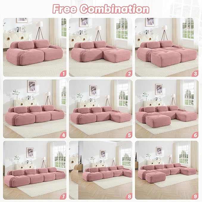 152" Modern Corduroy Cloud Sofa with Ottoman, L Shaped Boneless Modular Large Sectional Couches for Living Room, Pink 4 Seater Compressed Memory Foam Couch, Extra Deep Seat, No Assembly