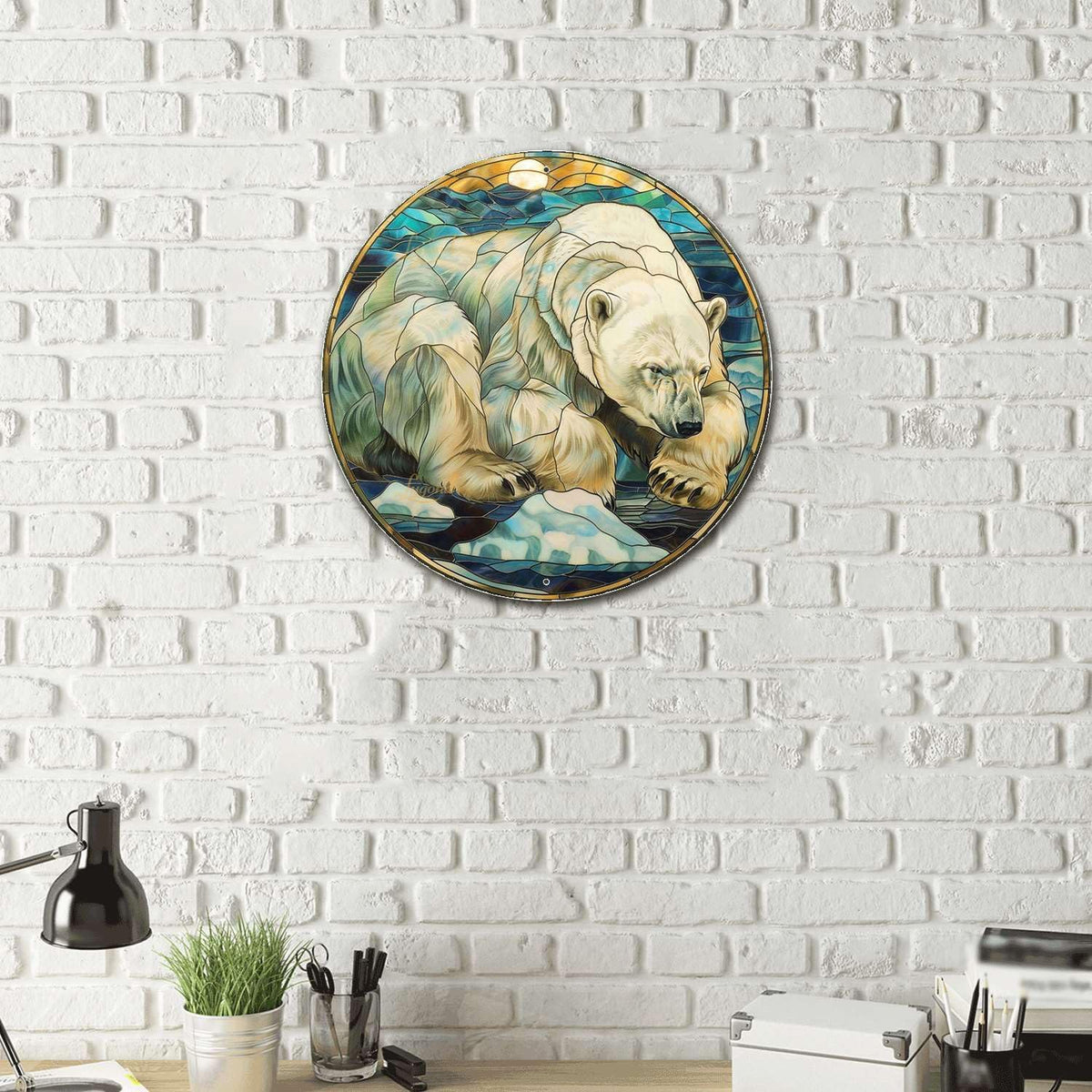 Lygond Metal Sign Tin Sign Circular Stained Glass Polar Bear Garden Tin Sign for Pet 8×8 Inches