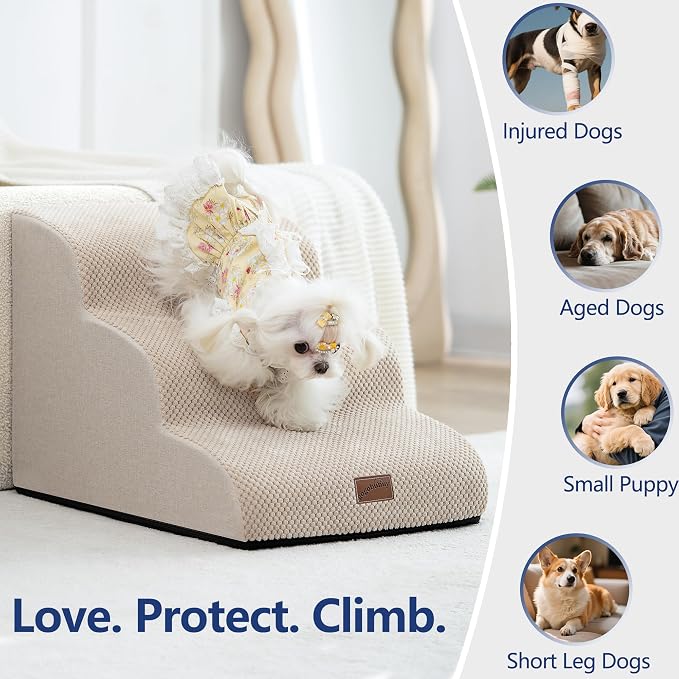 GoGoBunny Ramp Dog Stairs for High Beds 22.6" H, 5-Step Dog Slope Stairs with Durable Waterproof Fabric Cover, Pet Steps for Old Large Dogs Climbing, Non-Slip Sturdy Indoor Step, Beige