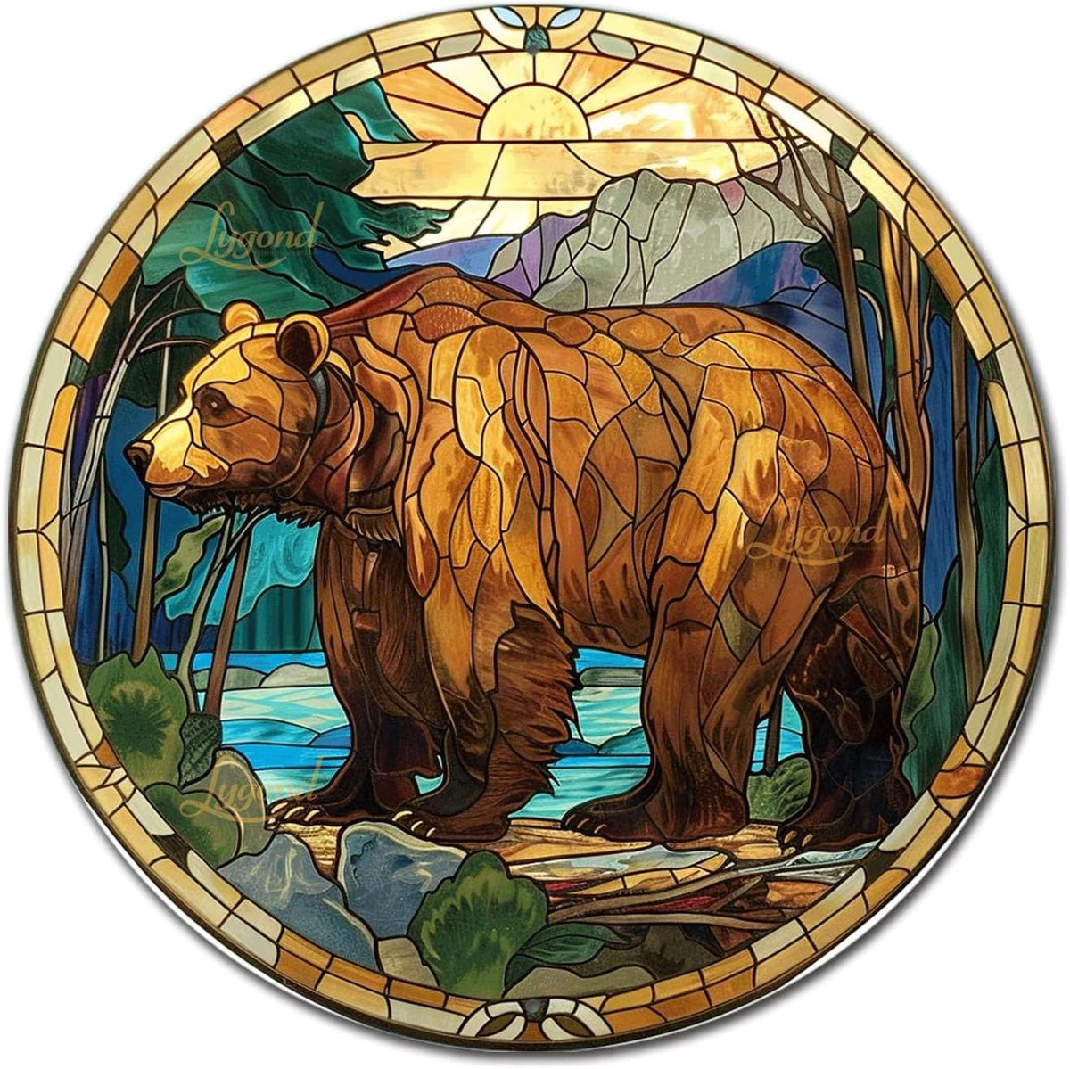 Lygond Metal Sign Tin Sign Circular Stained Glass Bear Home Decor for Patio 12×12 Inches