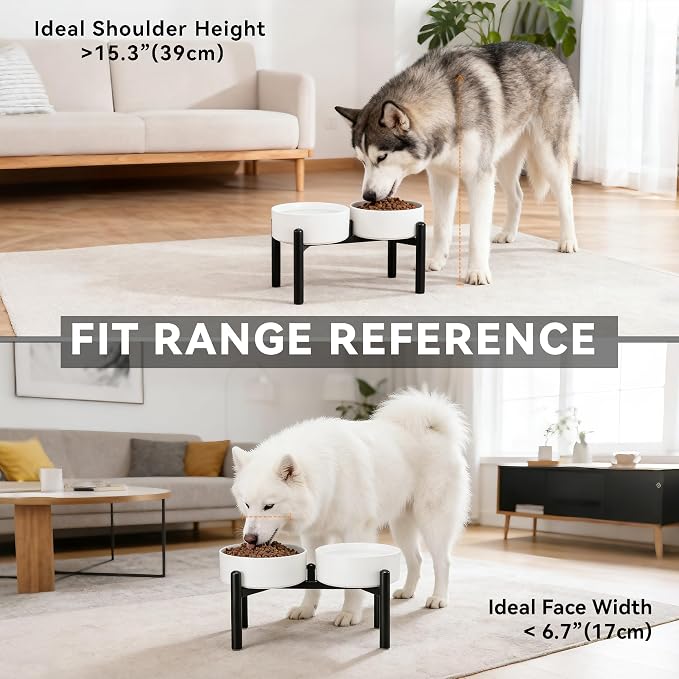 Raised Ceramic Dog Bowl Set with Stand, 7.5 Cups Elevated Dog Food Stand | 8.4'' Double Dog Food and Water Bowl Set, Non-Slip Dog Feeding Dishes for Small Breeds and Cats, 59.2 OZ, White