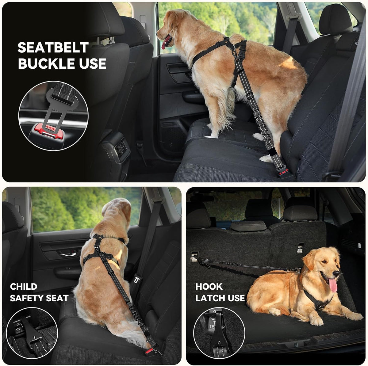 Pawaboo 2Pack Dog Seatbelt for Car, 3-in-1 Dog Car Seat Belt Bungee,Shockproof Dogs Tether for Car with Buckle & Hook Latch, Adjustable Reflective Dog Car Harness Leash with 360° Lockable Buckle,Black