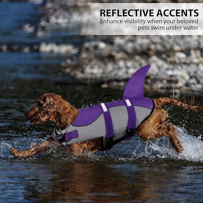 Dog Life Jacket,Dog Life Vest for Swimming,Dog Shark Life Jacket with Rescue Handle,Adjustable Reflective Dog Life Preserver for Extra Large Dog,Purple 2XL