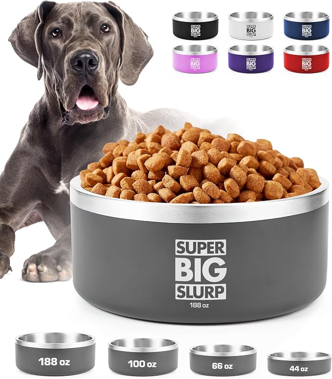 Tuff Pupper Heavy Duty Insulated Dog Bowl | Double Wall Stainless Steel Dog Food Dish | Non-Slip Spill Proof Dishwasher Safe Cat Bowl | Water Dish for Feeding Large Medium Small Pets (188oz, Grey)