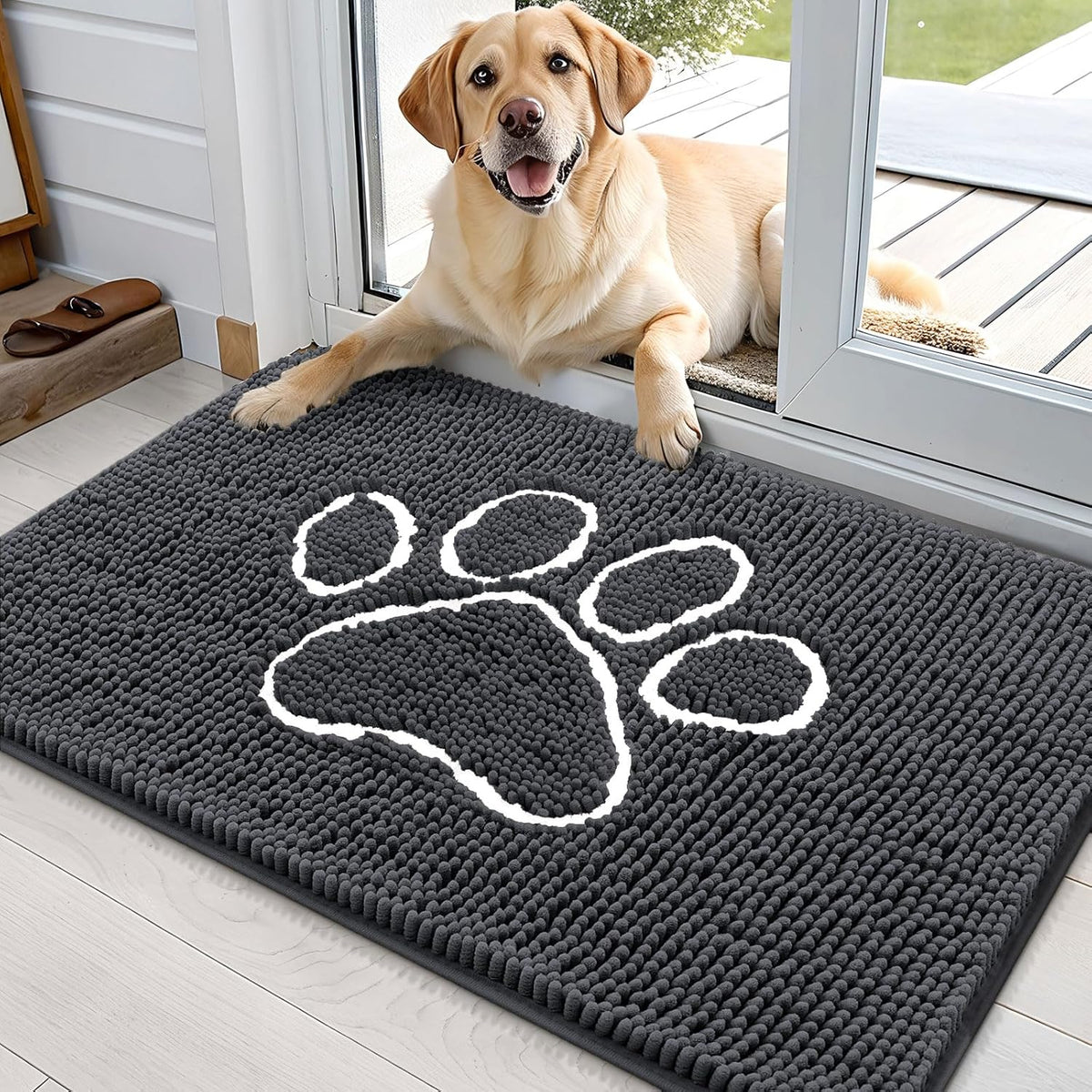 OLANLY Door Mat for Muddy Dog Paws 36x24, Ultra Absorbent Chenille Mud Doormat with Paw Print Design, Non-Slip Washable Doormat for Indoor Entryway, Quick-Dry Pet Bed Mats for Dirty Dogs, Dark Grey