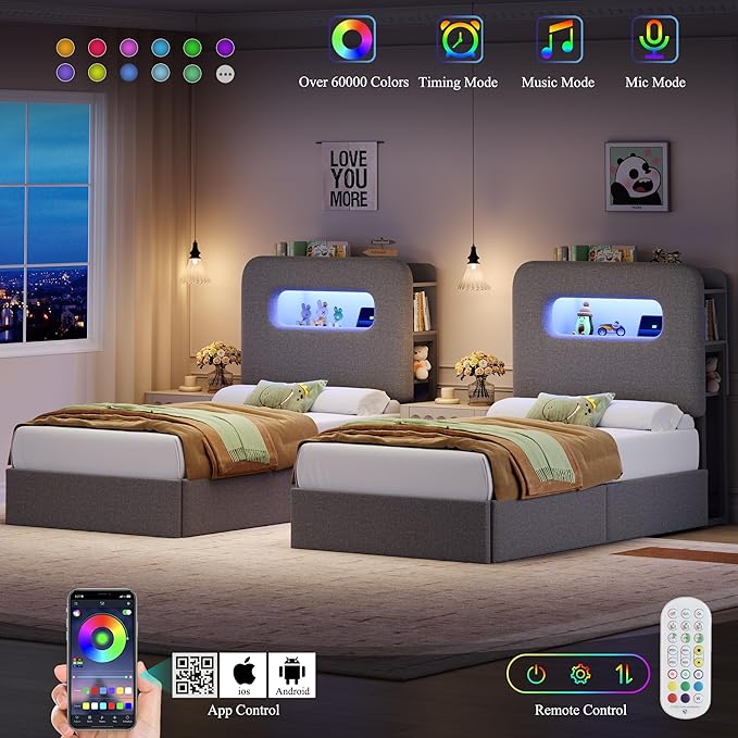 HOSTACK Twin LED Bed Frame with Storage Headboard and Charging Station, Boys Bed Frame with 2 Drawers and USB Ports, Velvet Upholstered Platform Bed Frame with Bookcase, No Box Spring Needed, Grey