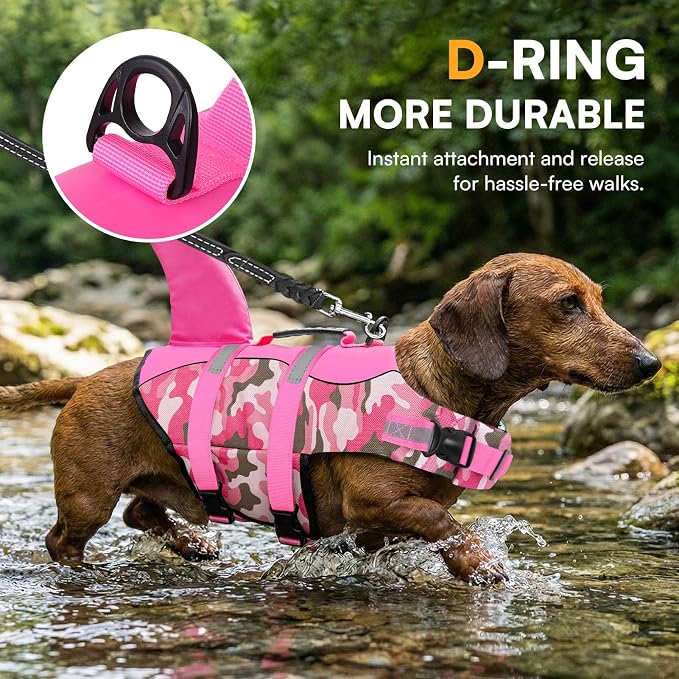 Dog Life Jacket Ripstop Dog Shark Safety Vest Adjustable Preserver with High Buoyancy and Durable Rescue Handle for Small,Medium,Large Dogs, Pink Camouflage Small