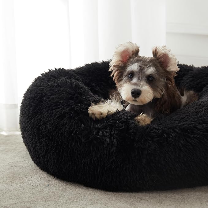 Western Home Calming Donut Small Medium Pet Dog Bed Washable,27" Black | Fluffy Faux Fur Round Cuddler,Anti-Anxiety,Anti-Slip Bottom,Plush Pet Dog Beds for Small Medium Sized Dogs,Up to 35 LBS