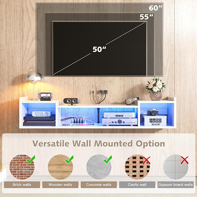 55.1"W Floating TV Stand with LED Lights & Power Outlets