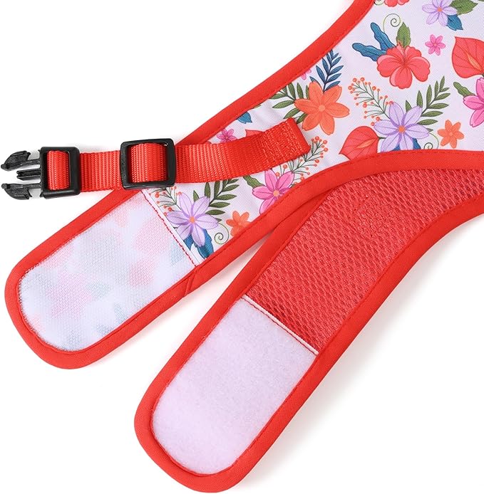 Mile High Life Dog Harness, Air Mesh Floral Vest Harness for 20 lbs Small Dogs & Cats, Easy Get on Adjustable Easy Closures Both Neck and Chest(Red Flower, M Chest 18"-20")