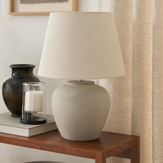 Nourison Home 20" Sand (Light Beige) Ceramic Pot Table Lamp for Bedroom, Living Room, Console, Entryway