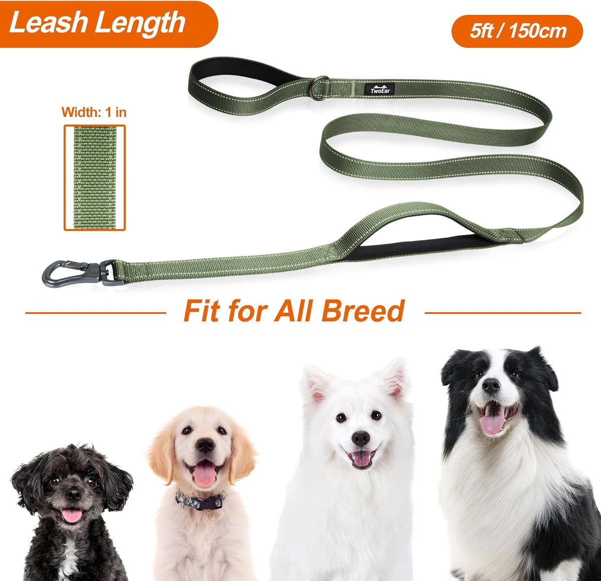 TwoEar 5FT 1IN Strong Green Dog Leash with 2 Padded Handles, Traffic Handle Extra Control, Comfortable Soft Dual Handle, Auto Lock Hook, Reflective Walking Lead for Small Medium and Large Dogs