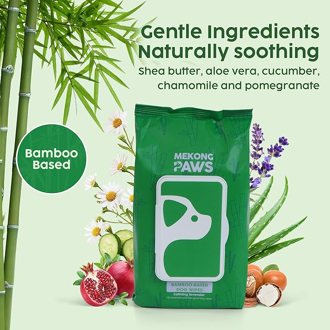 Pet Grooming Wipes - Natural & Organic Bamboo Base - Calming Lavender Scented - Freshening Dog Cat - Gentle on Sensitive Skin - Thick & Durable for Paw Coat & Bum Cleansing - 400 Count
