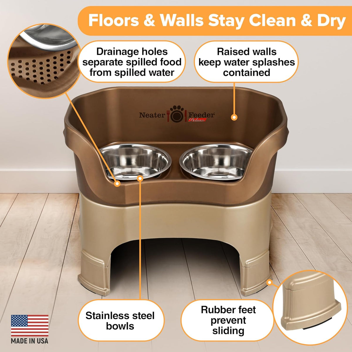 Neater Feeder Deluxe Mess Proof Dog Bowls Elevated for Large Dogs – Made in USA – No Spill Raised Dog Food Bowl Stand w/Leg Extensions – Stainless Steel Dog Food and Water Bowl Set – Bronze