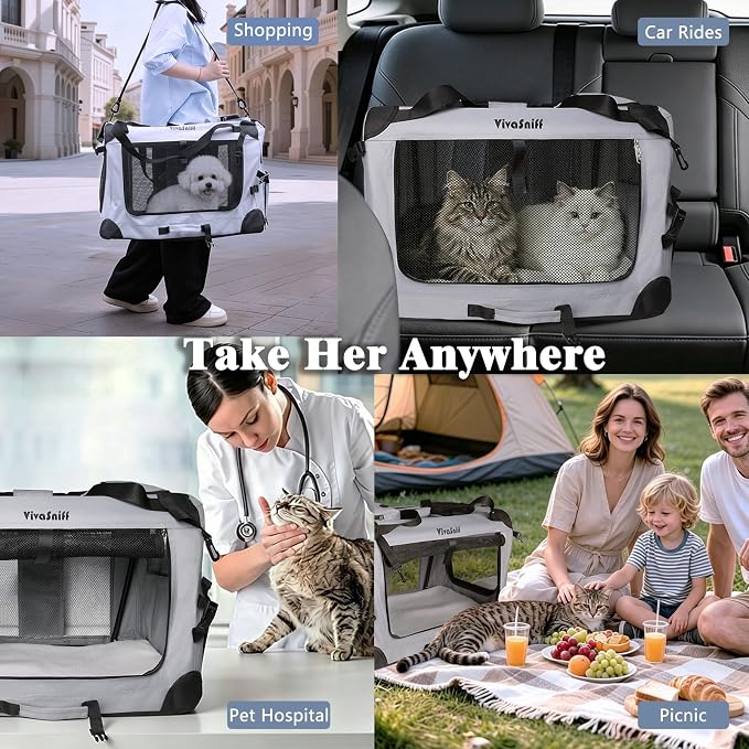 Large Cat Carrier, Foldable Car Travel Dog Crate-Small Dogs | 24" Fits 2 Cats or 1 Small Dog, up to 55 lbs, Soft mat, zipper lock prevents escapes, Foldable Car Travel Pet Crate