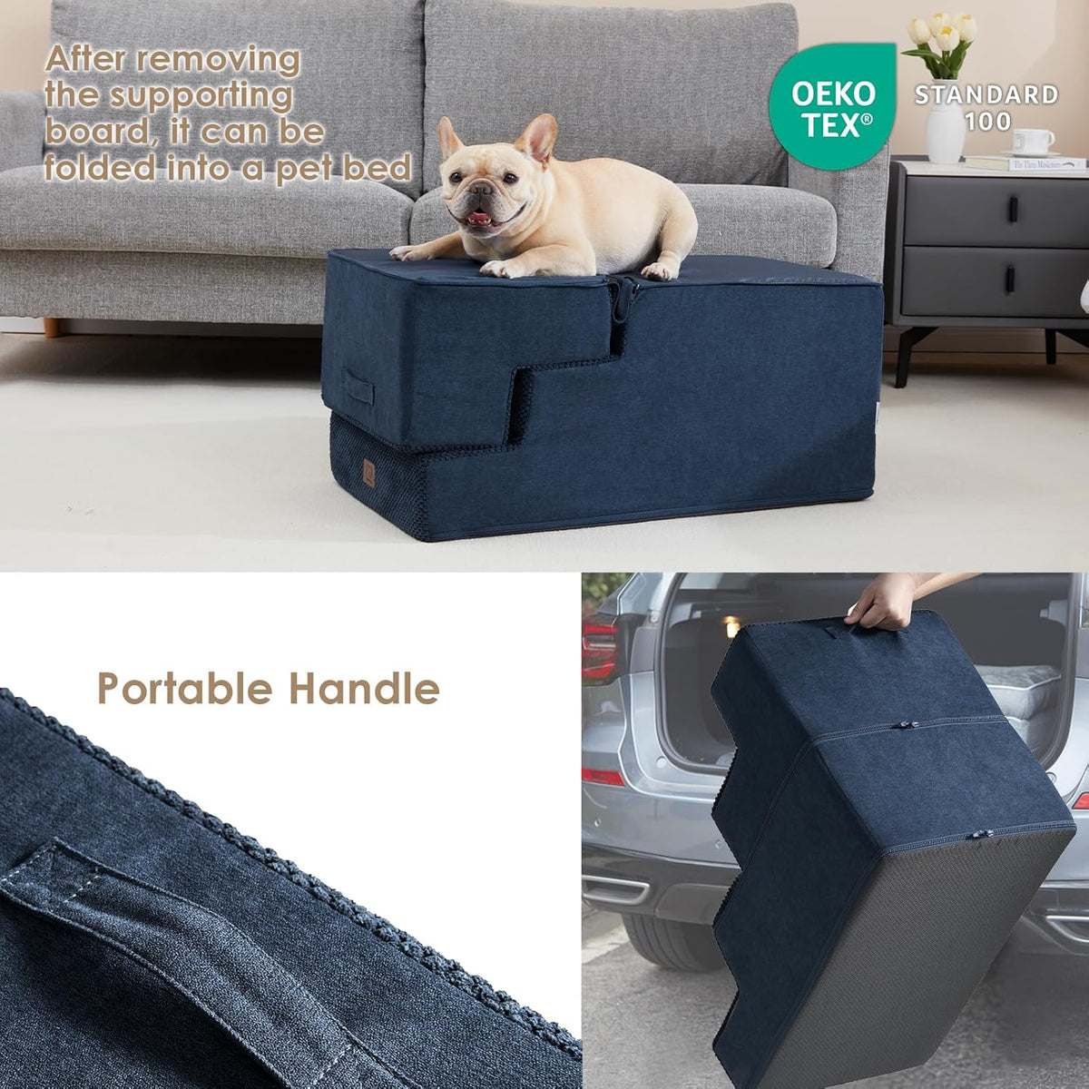 EHEYCIGA Dog Stairs for High Bed 22.5" H, 5-Step Dog Steps for Bed, Pet Steps for Small Dogs and Cats, Non-Slip Balanced Pet Ramp Indoor, Navy Blue