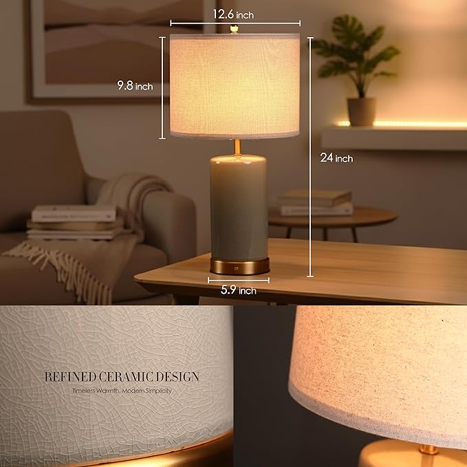 O’Bright Dune - Battery Powered Table Lamp, Rechargeable Cordless Ceramic Lamp, Full-Size 24 Inch Height, 4-Level Dimming, Smart Safety Protection, Type-C Fast Charging, LED Bulb Included, Stone Grey