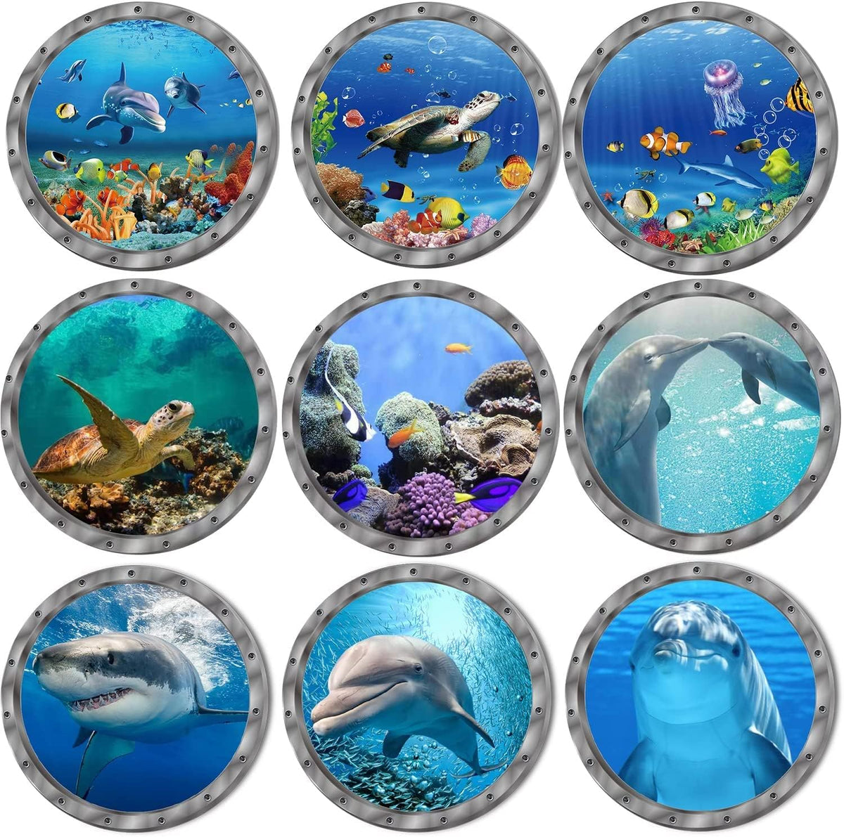 9PCS Ocean Animals World Under Sea Decor Sea Turtles Dolphins Fishes Sharks Coral Removable 3D Peel and Stick Vinyl Stickers