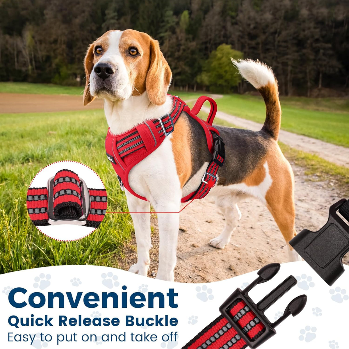 Funfox Dog Harness No Pull, Adjustable Pet Vest Harness, Super Soft Material with Vertical Handle Easy Control, Reflective Night Walking, 2 Leash Clips for Large Dogs, Red, L