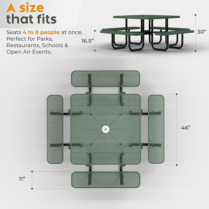 Metal Picnic Tables for Outdoors with Umbrella Hole - Coated Steel Heavy Duty Commercial Grade Furniture with Adjustable Seats (Green, 46 in, Square, Expanded Steel)