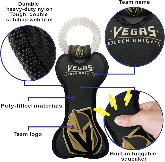 Pets First NHL LAS Vegas Golden Knights Dental Dog TUG Toy with Squeaker. Tough PET Toy for Healthy Fun, Teething & Cleaning Pet's Teeth & Gum., one Size (LVK-3310)