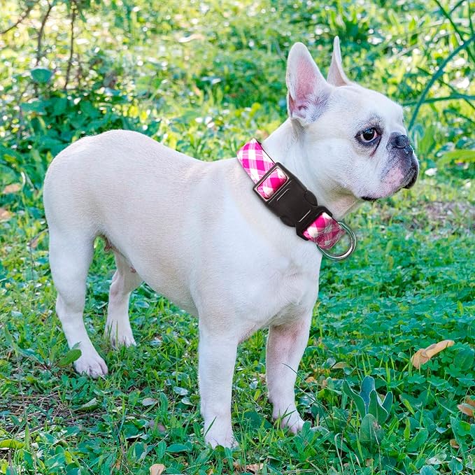 Reflective Dog Collar Padded with Soft Neoprene Breathable Adjustable Nylon Dog Collars for Small Medium Large Dogs (Medium (Pack of 1), Pink Plaid Collar+Leash)