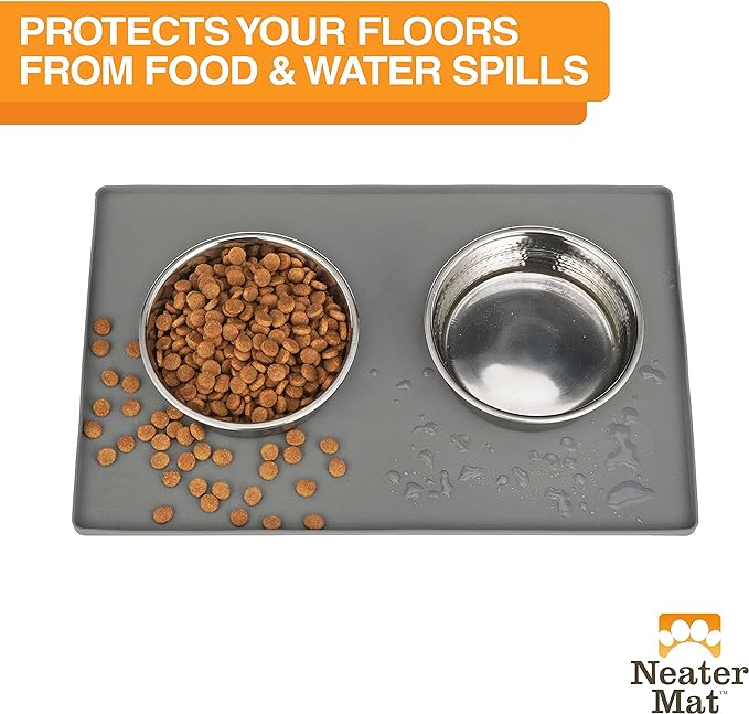 Neater Pet Brands Neater Mat Cat & Dog Food Mat, Waterproof & BPA-Free Silicone Placemat with Raised Edge for Under Food and Water Bowls, 19" x 12", Gunmetal Grey