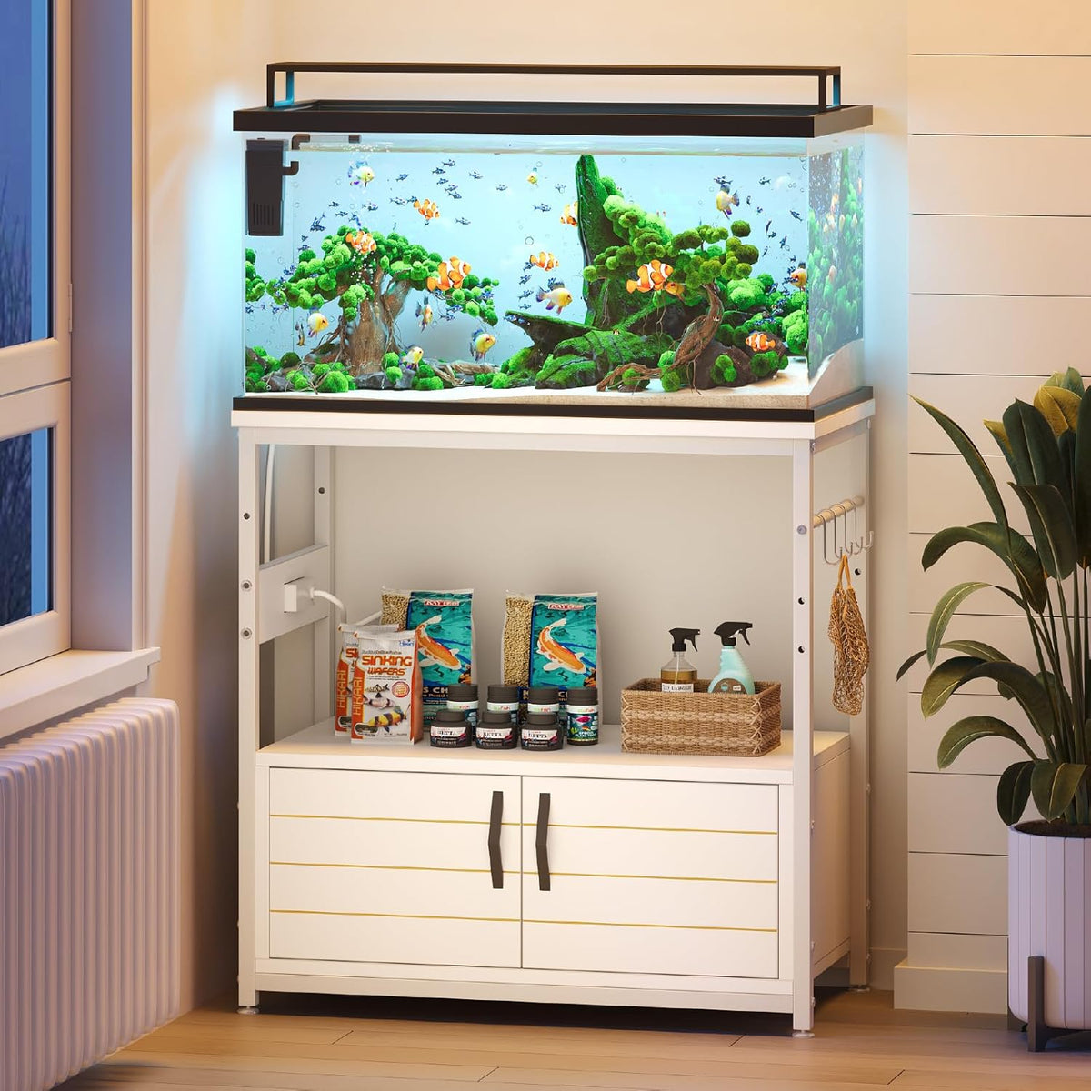Bestier 20-29 Gallon Fish Tank Stand with Power Outlets, Metal Long Aquarium Stand with Storage Cabinet, 31x15 Reptile Terrarium Stand with Horizontal Gold Line, Stainless Hooks, 350 Lbs(White)