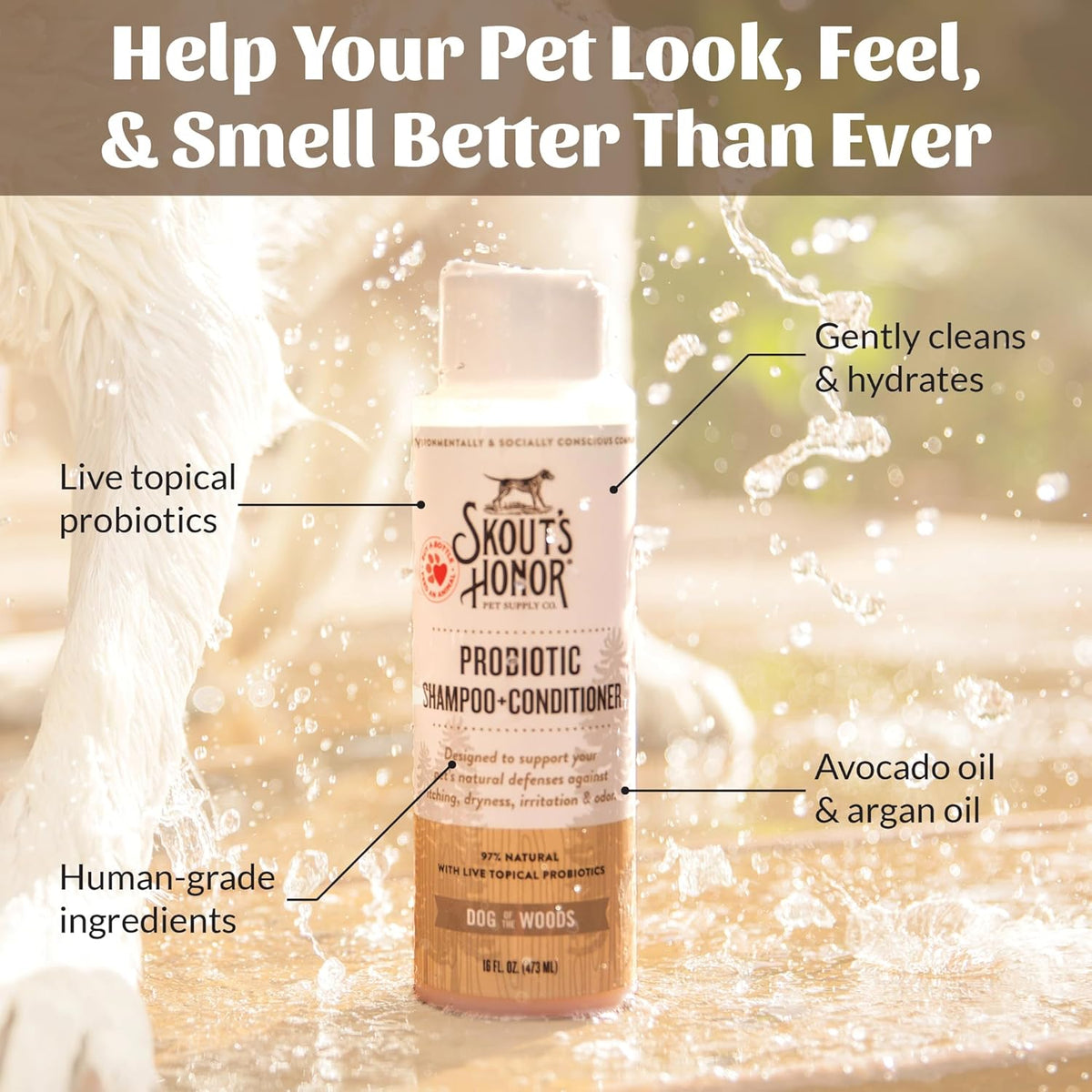 Skout's Honor Probiotic Pet Shampoo & Conditioner with Avocado Oil & Omega-3s, 97% Natural, Paraben & Sulfate-Free, Cruelty-Free, 16oz, Dog of The Woods