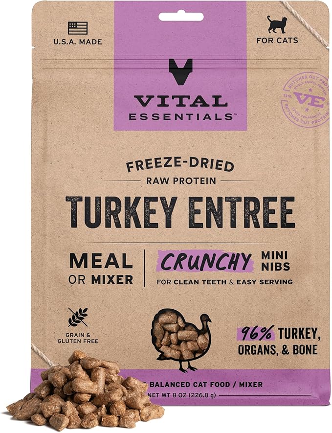 Vital Essentials Freeze-Dried Raw Turkey Meal or Mixer Cat Food Crunchy Nibs, 8 oz