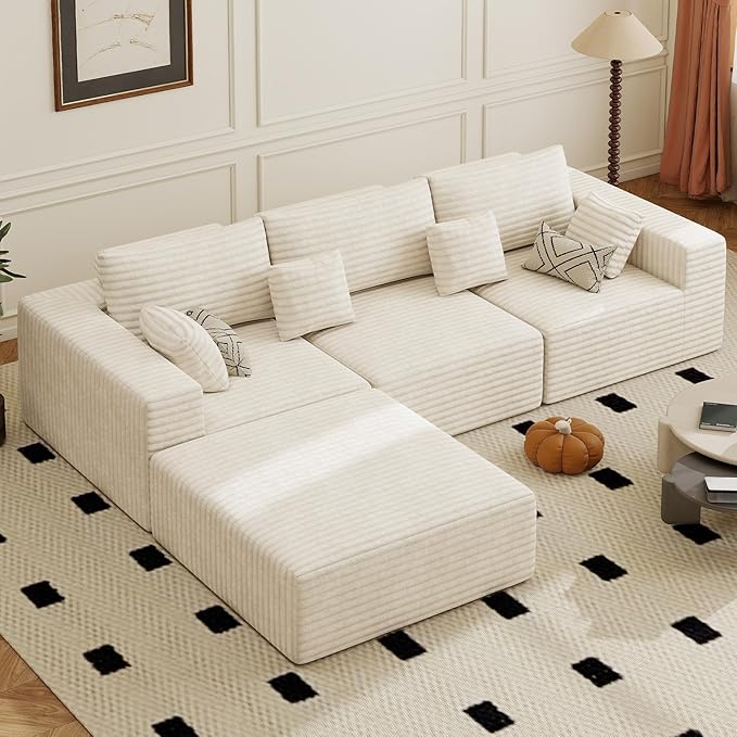 113" Modular Sectional Sofa, Convertible L-Shaped Cloud Couches for Living Room with Ottoman, 4 Seater Corduroy Boneless Couch Sofa Set, No Assembly Required, Beige 1 PCS