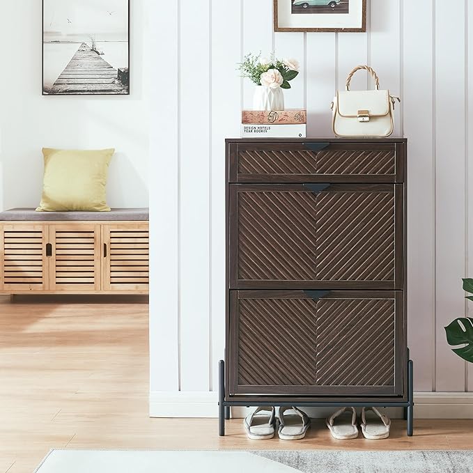Shoe Cabinet Storage with 2 Flip Drawers, Narrow Hidden Shoes Organizer Cabinet