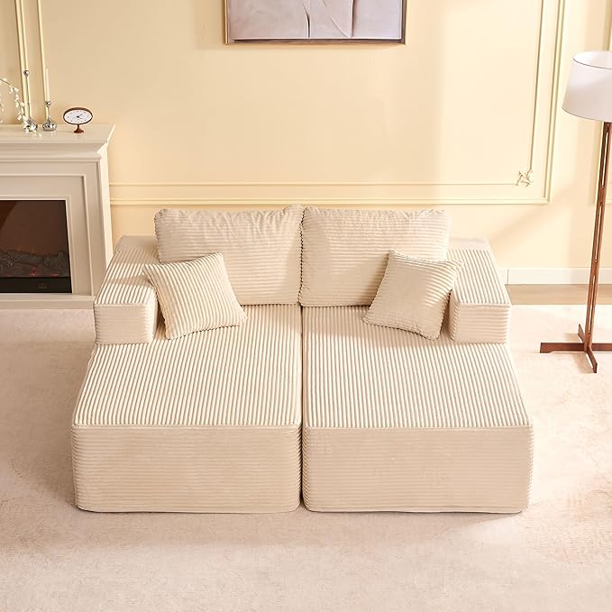 Chaise Lounge Chair, Boneless Couch for Living Room and Bedroom, Sleeper Couches Reading Chairs, Corduroy, White