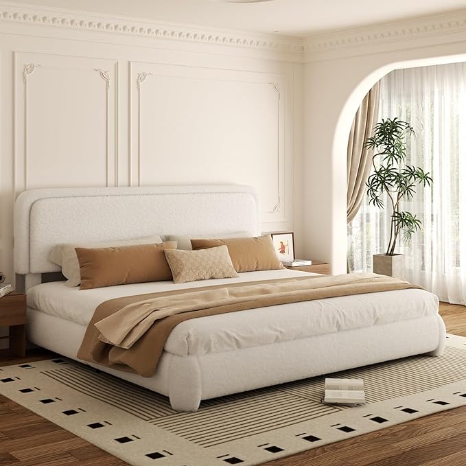 King Bed Frame, Teddy Velvet Boucle Bed Frame with 43.3"/45.3" Adjustable Upholstered Headboard, Rounded Corners, Mattress Foundation, No Box Spring Required, White