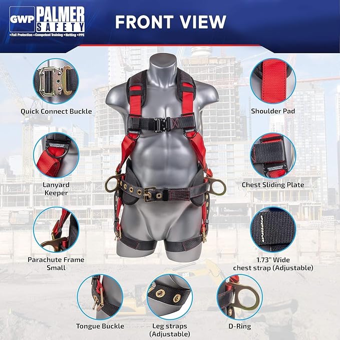 Fall Protection Hammerhead Kit I 5pt Safety Harness, 6' Double Leg Lanyard, 18" D-Ring Extender (Red - SM)