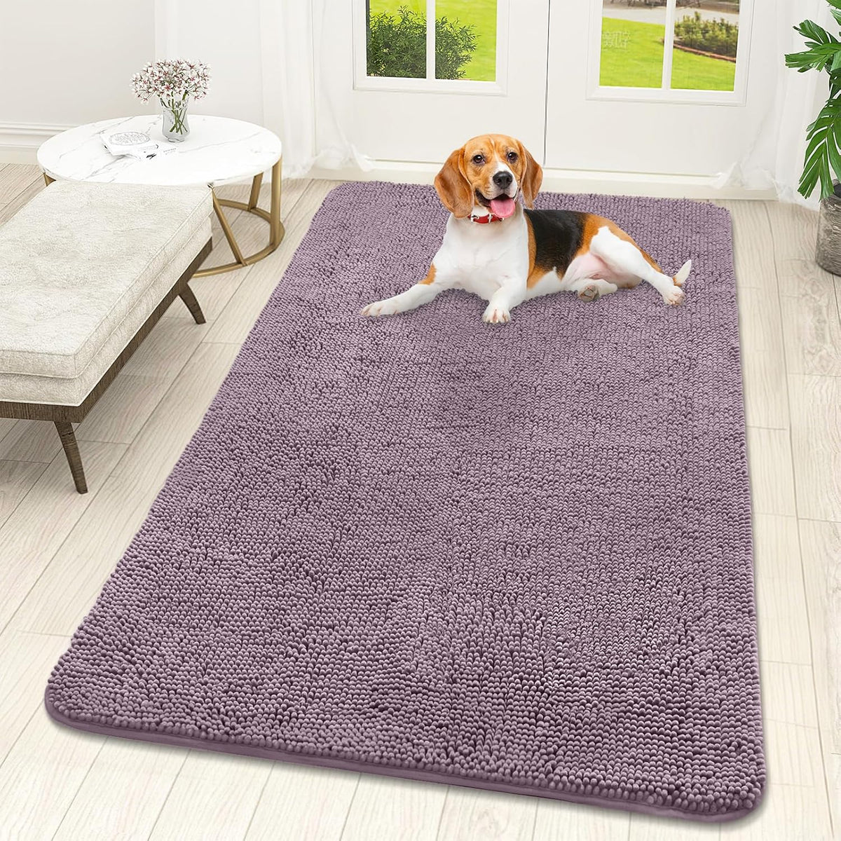 OLANLY Dog Door Mat for Muddy Paws 59x32, Absorbs Moisture and Dirt, Absorbent Non-Slip Washable Doormat, Quick Dry Chenille Mud Mat for Dogs, Entry Indoor Entryway Carpet for Inside Floor, Deep Plum