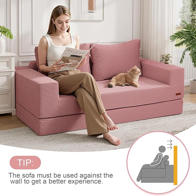 COMAX Convertible Sofa Bed Queen, Corduroy Folding Floor Couch Pull Out Couch Bed Futon Sleeper with Pillows, Fold Out Boneless Sofa Comfy Lounge Mattress Loveseat for Living Room Bedroom, Pink