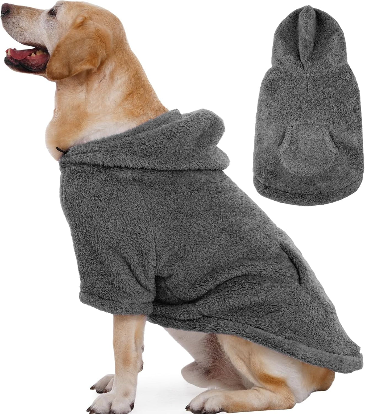 IDOMIK Fuzzy Dog Sweater with Adjustable Hood, Warm Fleece Dog Sweater Hoodie with Harness Hole & Pocket, Pullover Sweaters for Large Dogs, Fuzzy Hooded Sweatshirt for Fall Winter Christmas,Grey,3XL