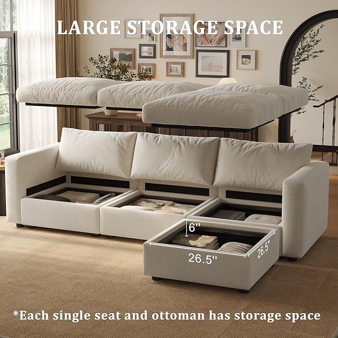 Cloud Modular Sectional Sofa Couch with Storage Ottoman, 70" Oversized Sectional Couches for Living Room, Cloud Modular I-Shaped Sofa with Chaise, Loveseat, Chenille, Beige