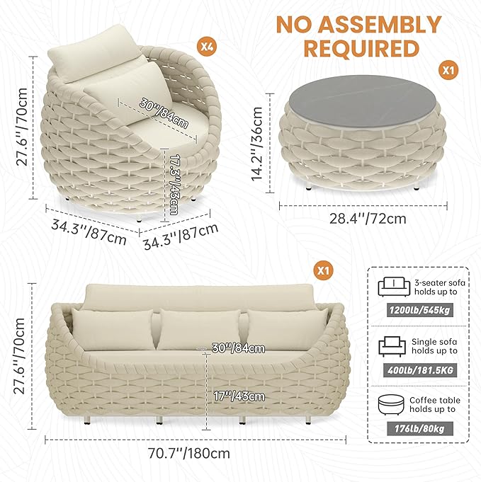 Erotr Woven Rope Outdoor Sofa Set: 6 Pieces Aluminum Patio Conversation Set Assembled - All Weather Cushioned Porch Furniture Couch - Modern Metal Lounge Set for Deck Yard Resort Hotel Sunroom, Beige
