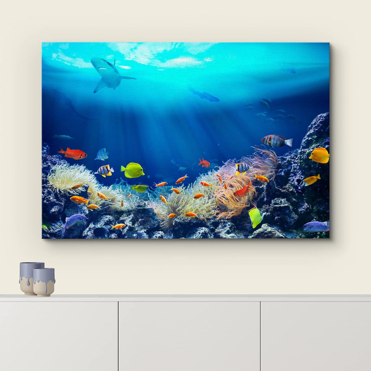 wall26 Canvas Print Wall Art Shining Sunlight Coral Reef Shark & Fish Nature Animals Photography Realism Rustic Scenic Landscape Wilderness Earth Colorful for Living Room, Bedroom, Office - 24"x36"