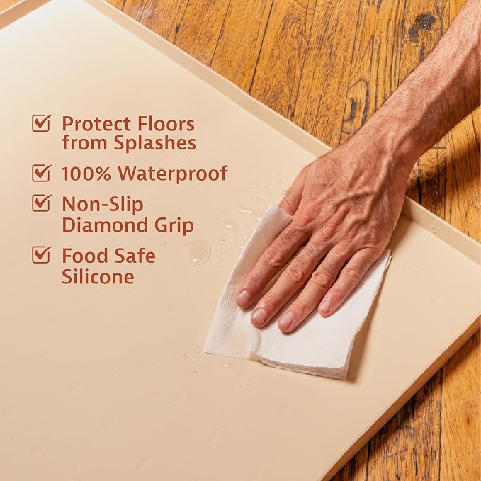 Leash Boss Dog Food Mat - Waterproof Cat & Dog Bowl Mat for Food and Water, Silicone Pet Feeding Mats for Floors, Non-Slip Placemat with High Edges, Puppy Essentials (ML: 20"x13", Beige)