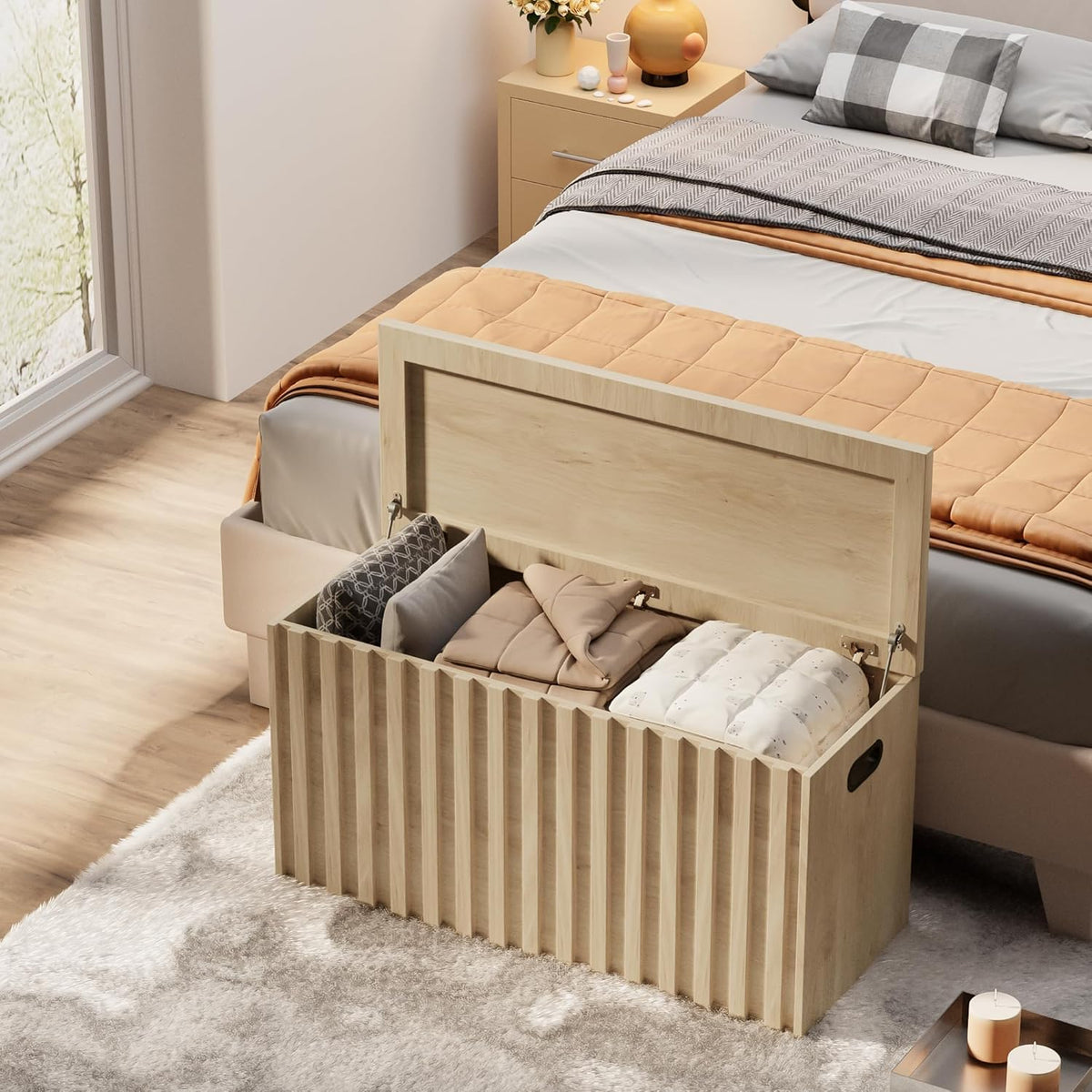 UEV Storage Bench,39.4" Wood Box, Storage Trunk with 2 Safety Hinges, Ottoman Storage Chest, Fluted Storage Bench for Bedroom, Entryway, Living Room (Ivroy White)