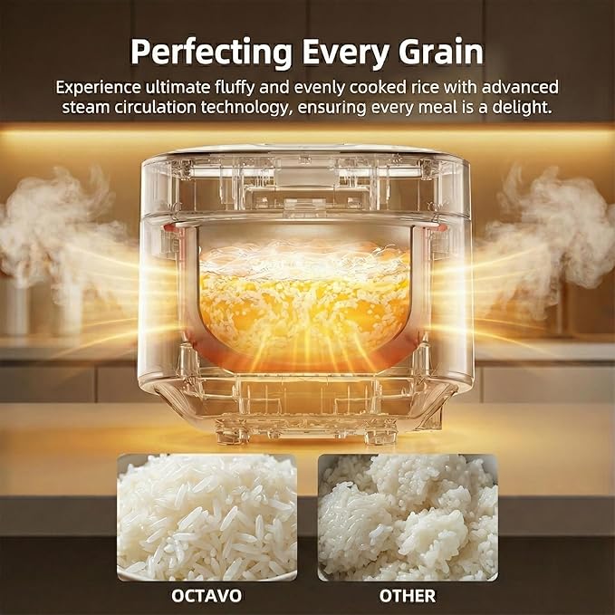 OCTAVO Low Carb Rice Cooker, 5-Cup Uncooked Stainless Steel Inner Pot, Low