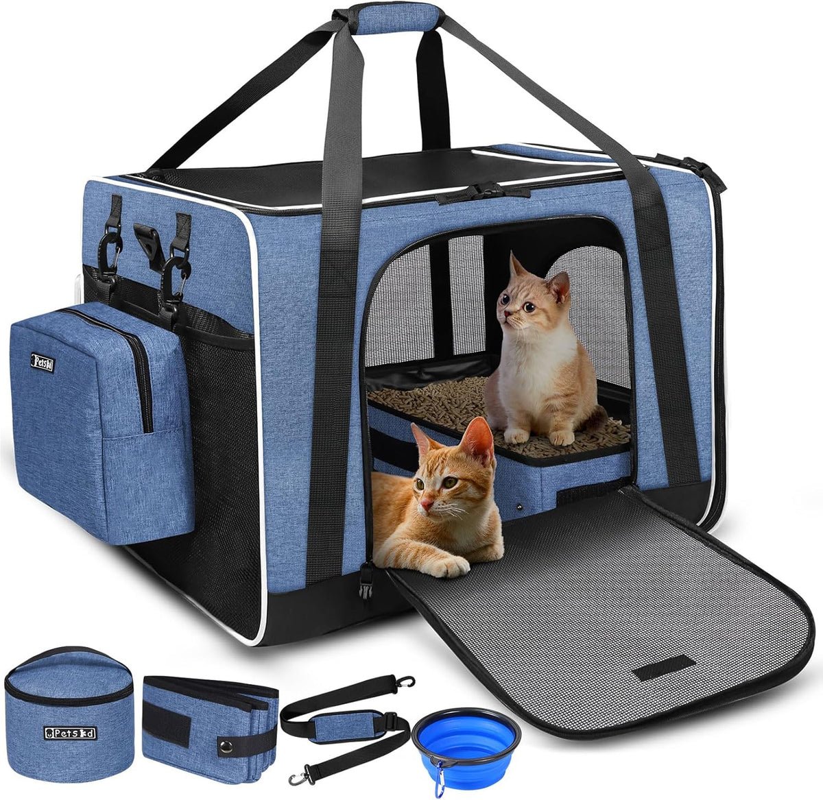 Petskd Extra Large Cat Carrier with Litter Box 24"x17"x17" for Medium Large Cat or 2 Small Cats, Collapsible Soft Sided Pet Carrier for Car Travel with Lockable Safety Zippers(Blue)