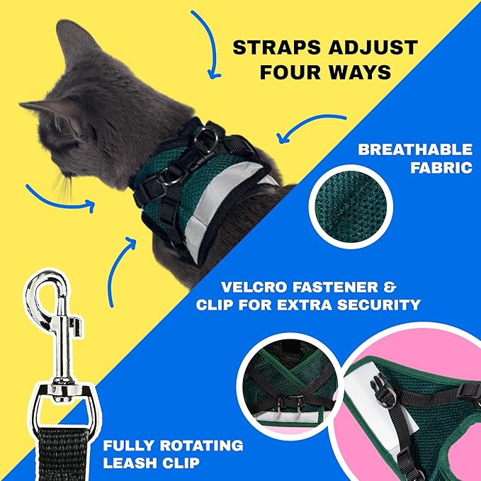Travel Cat The Emerald Explorer Limited Edition Green Harness and Leash Set - Adjustable Fit Mesh Cat Harness with Reflective Strap - Escape Proof Harness for Cats, Kitten (Medium)