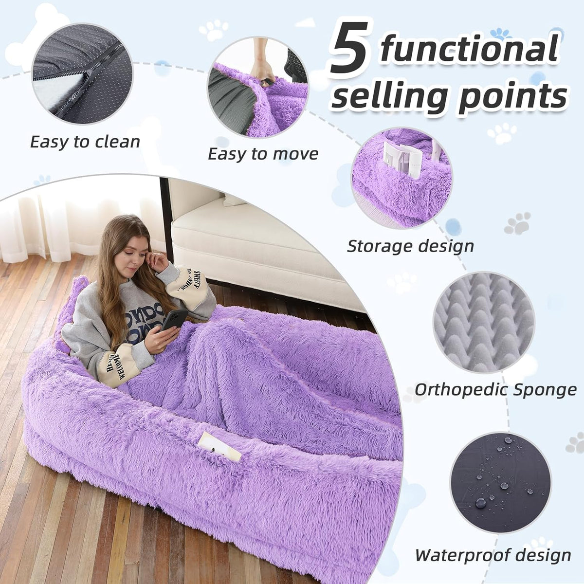 Human Dog Bed, 71''x45''x12'' Size Fits You and Pets, Washable Faux Fur Pet Bed for People Doze Off, Napping Orthopedic Dog Bed, Present Plump Pillow, Blanket, Strap - Purple
